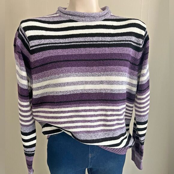 Mountain Lake Purple Striped Sweater – Retro Mock Neck Acrylic Knit – Size L - Picture 1 of 7